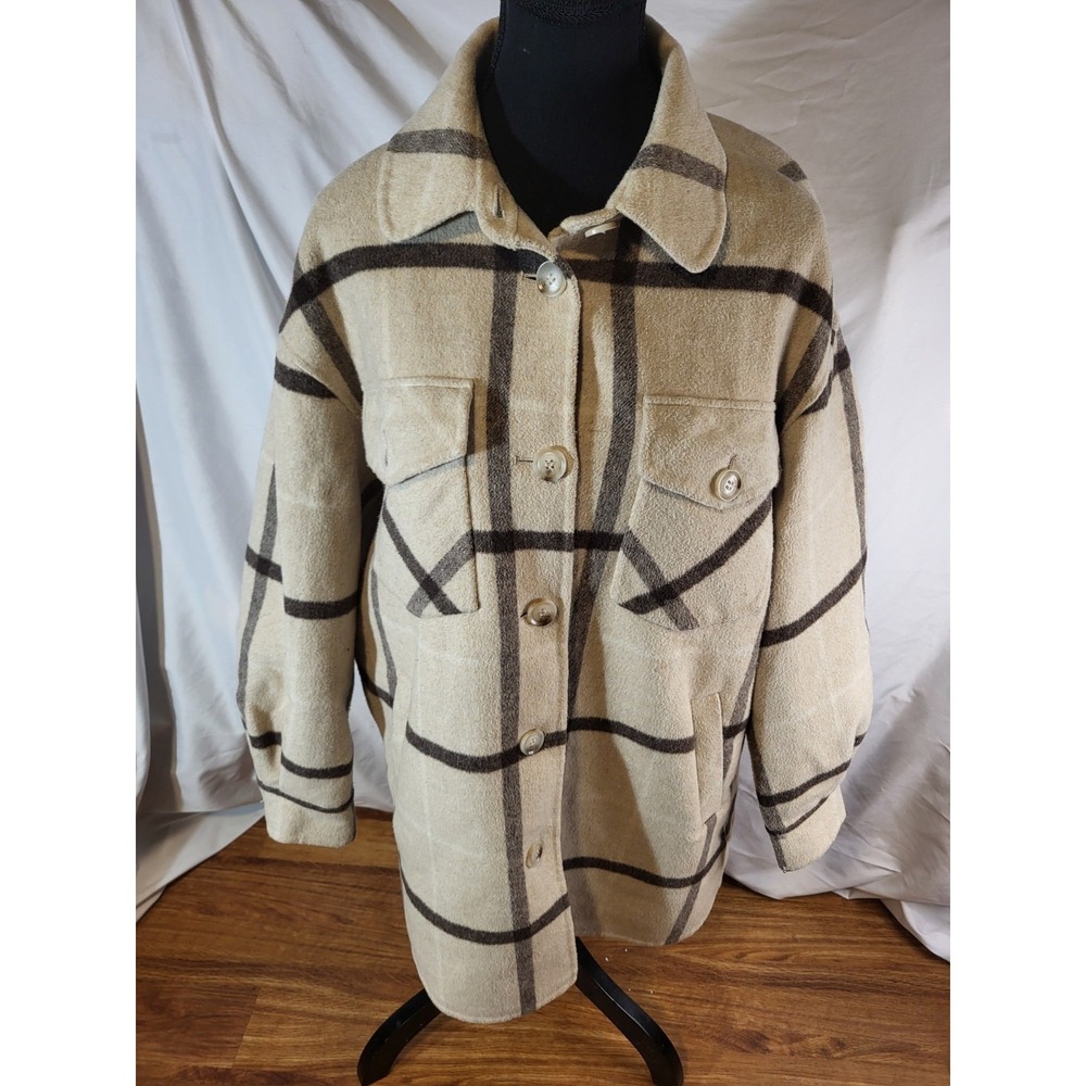Belle & Bloom Rivers Edge Plaid Shacket - Beige Plaid - Size M
